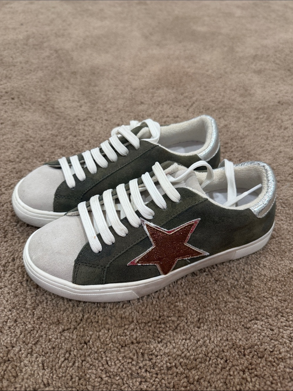 Women’s Olive Suede Sneaker with White Toe and Red Star Accent